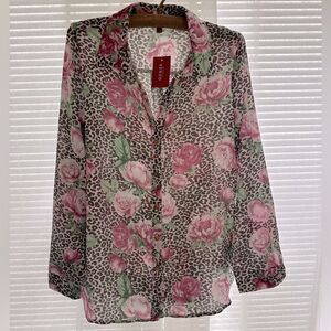 Guess M-L Brown Pink Animal Print Peony Floral Button Front Long Sleeve Blouse